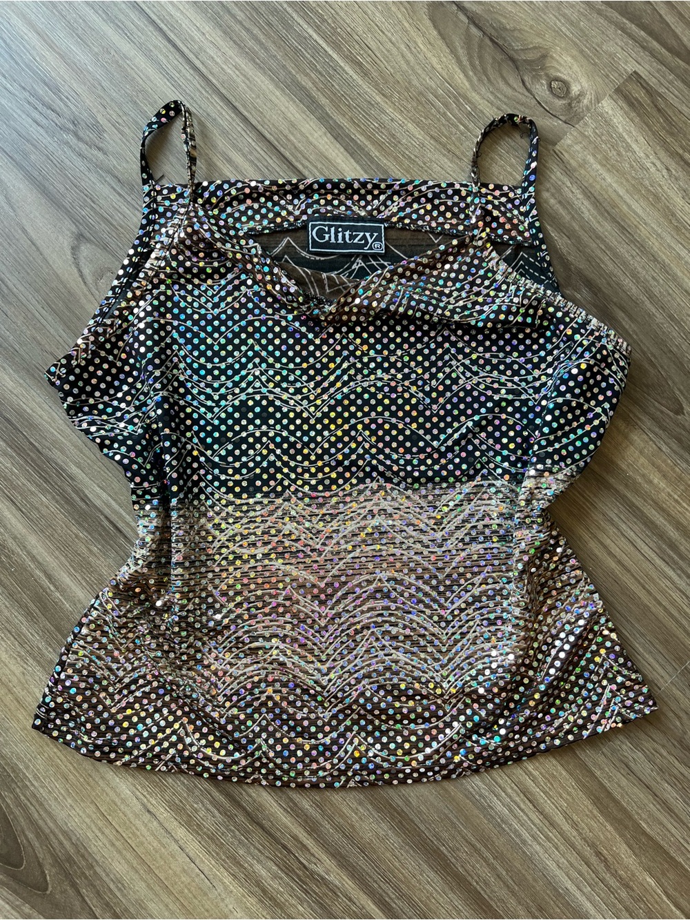 Glitz Sequin Black and Brown Spaghetti Strap Going Out Top